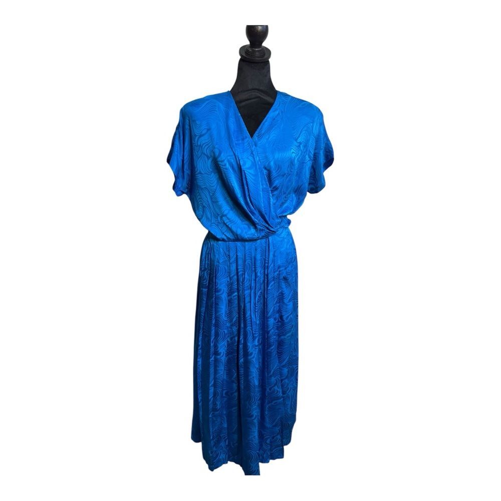 ARGENTI 80s Vintage 100% Silk Damask wrap dress Royal Blue Short Sleeve size 10*